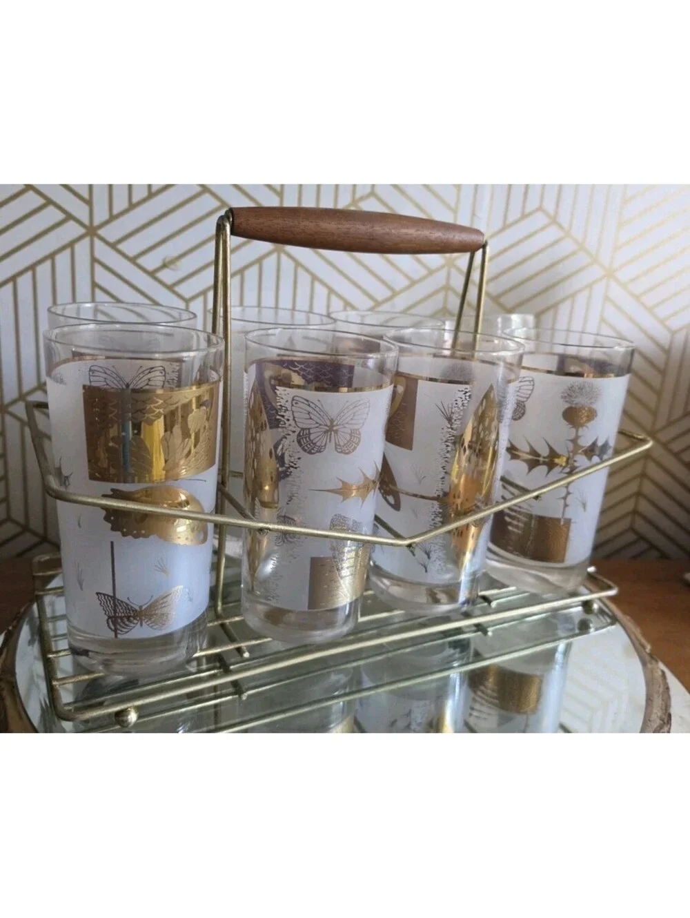 Vintage Midcentury Cutler Golden Meadow Butterfly Set of 8 Glasses With Caddy